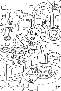 Vampiro preparando tortitas de murciélago dibujo para colorear PDF gratis