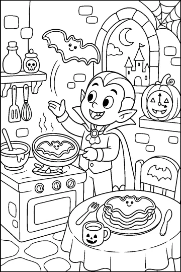 Gentil vampire dans une cuisine de château avec des crêpes en forme de chauve-souris et des citrouilles.