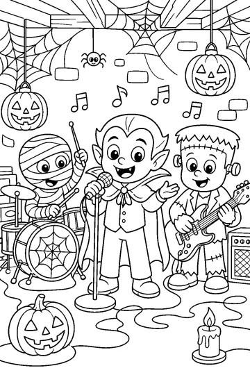 Banda de monstruos de Halloween con una momia en la batería, un vampiro al micrófono y un monstruo con guitarra