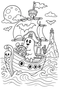 Bateau pirate fantôme d'Halloween dessin à colorier PDF gratuit