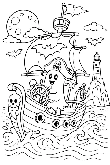 Spookpiratenschip op golven met een spook aan het stuur, maan, vleermuizen en een vuurtoren op rotsen.