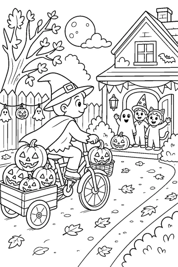 Cyclist wearing a witch hat with a cart full of pumpkins outside a Halloween-decorated house