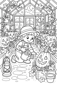 Gärtner mit Halloween-Kürbissen im Gewächshaus malvorlage kostenlos PDF