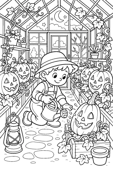 Pequeño jardinero regando calabazas talladas en un invernadero con plantas trepadoras y luna.