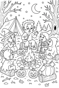 Amici di Halloween attorno al falò disegno da colorare PDF gratis