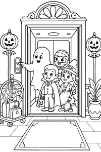 Festa di Halloween nell'ascensore disegno da colorare PDF gratis
