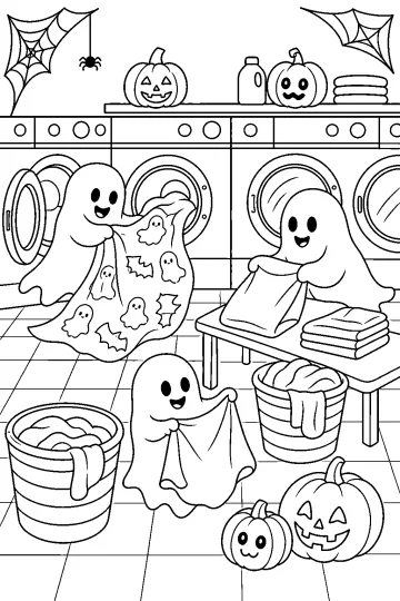 Dibujo para colorear de fantasmas en una lavandería de Halloween con lavadoras, cestas de ropa, calabazas y telarañas.
