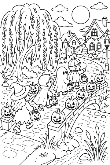 Enfants déguisés avec des seaux en forme de citrouille sur un pont d'Halloween, avec un fantôme et la lune.