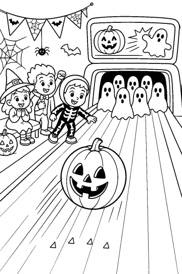 Niños disfrazados miran una calabaza en una pista de bolos frente a bolos con forma de fantasma.