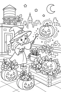 Bruja en el jardín de Halloween de la azotea dibujo para colorear PDF gratis