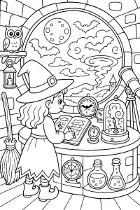 Strega alla stazione meteorologica di Halloween disegno da colorare PDF gratis