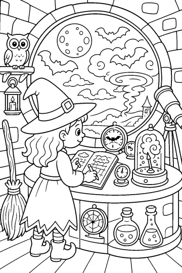 Witch in a tower with a telescope, instruments, potions, owl, moon, and bats in a round window.