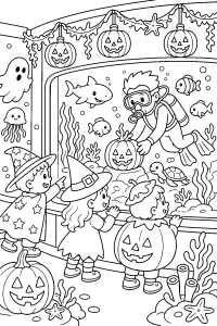 Bambini in costume all'acquario di Halloween disegno da colorare PDF gratis