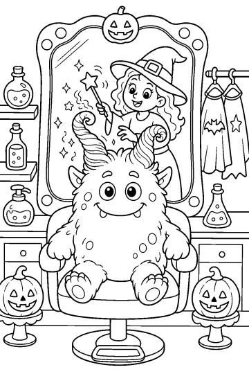 Monstruo sentado en un sillón ante un espejo con una bruja, calabazas, pociones y capas de Halloween