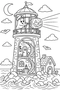 Faro di Halloween con fantasma e zucca disegno da colorare PDF gratis