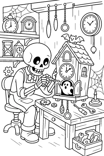 Esqueleto relojero sentado ante una mesa reparando un reloj con forma de casita con un fantasma.