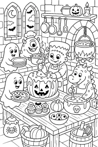 Monstres dans la cuisine du château d'Halloween dessin à colorier PDF gratuit