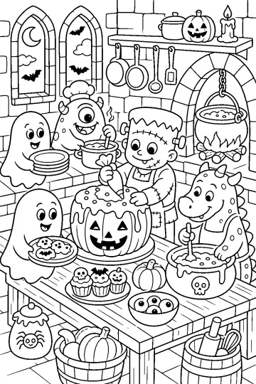 Coloriage de monstres et de fantômes qui cuisinent dans une cuisine de château pour Halloween