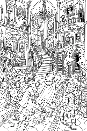 Bambini in costume esplorano l'ingresso di una villa infestata con fantasmi, zucche, scale e armature.