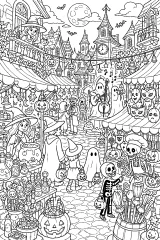 Mercato notturno di Halloween disegno da colorare PDF gratis