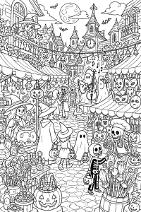 Mercato notturno di Halloween disegno da colorare PDF gratis