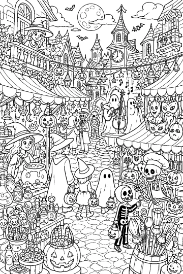 Halloweenavondmarkt met heksen, spoken, skeletten, pompoenen en marktkraampjes