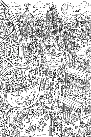 Halloween carnival with a Ferris wheel, carousel, ghost train, pumpkins, and costumed visitors