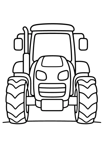 Moderne tractor van voren met grote banden, hoge cabine, koplampen en grille