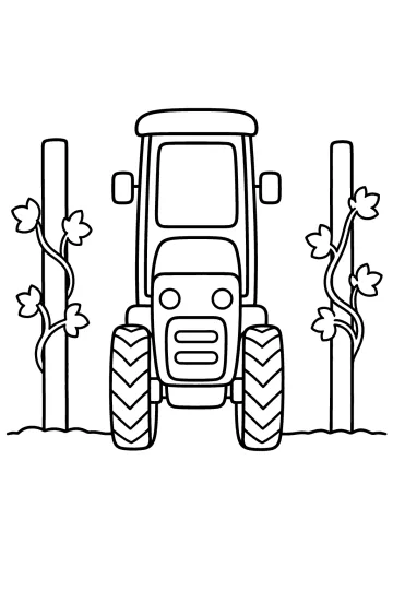 Front-view tractor between two vine posts with leafy vines