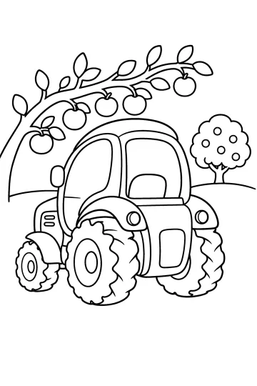 Tractor con ruedas grandes bajo una rama con manzanas y un árbol frutal al fondo