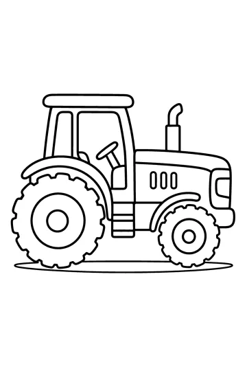 Desenho para colorir de um trator de perfil com cabine, capô comprido, escapamento e duas rodas grandes.