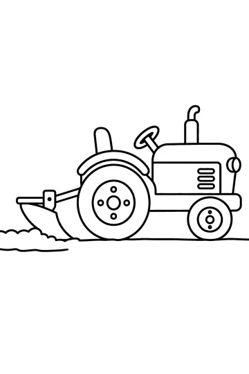 Disegno da colorare di un trattore di lato che tira un aratro sul terreno