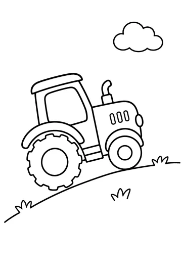 Disegno da colorare di un trattore inclinato che sale su una collina con erba e una nuvola.