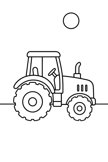Dibujo para colorear de un tractor de lado con una gran rueda trasera y un sol redondo arriba.
