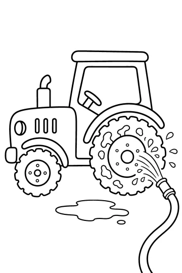 Coloriage d’un tracteur boueux lavé avec un tuyau d’eau