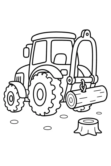 Forsttraktor mit großen Rädern, der einen Baumstamm neben einem Baumstumpf anhebt