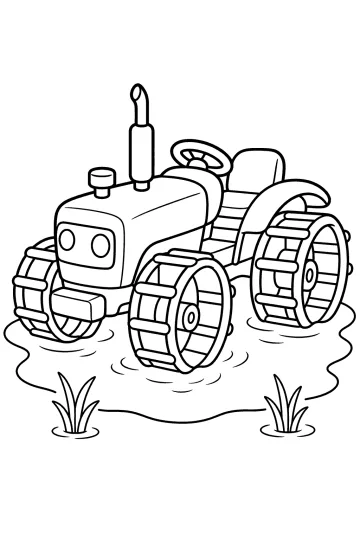 Tractor con grandes ruedas de jaula en agua poco profunda de un arrozal, con plantas jóvenes.