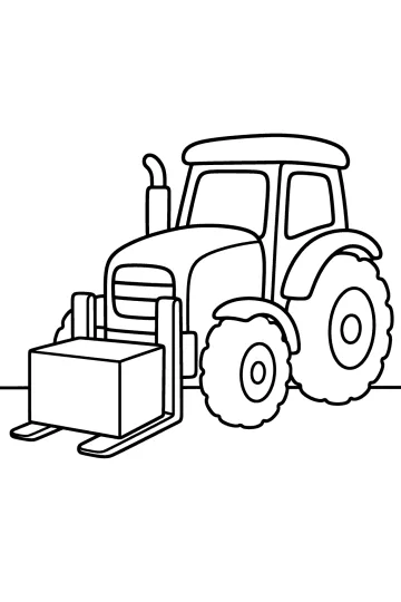 Tractor con ruedas grandes que lleva una caja en las horquillas delanteras