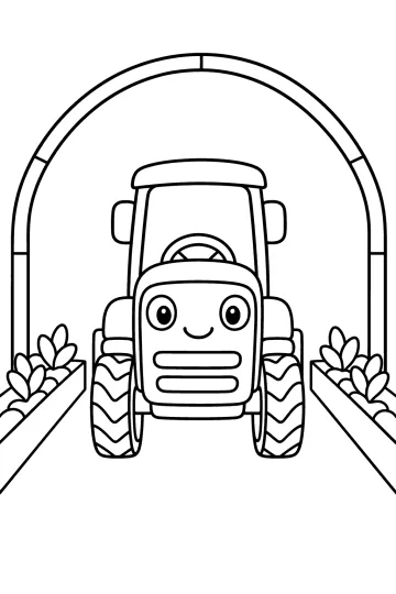 Lachende tractor van voren in een kas met plantenbakken aan beide kanten