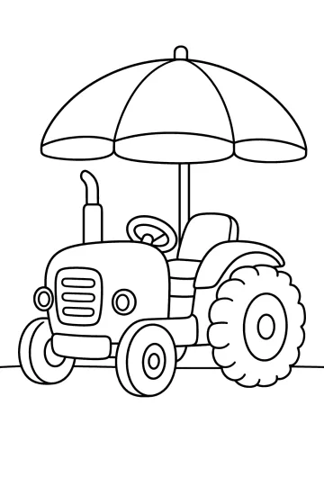 Ausmalbild eines Traktors mit großem rundem Sonnenschirm, offenem Sitz sowie großen und kleinen Rädern.