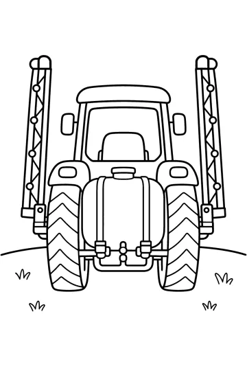 Tracteur vu de face avec de grandes roues et deux rampes de pulvérisateur repliées vers le haut sur les côtés