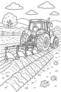 Trattore che ara un campo d'autunno disegno da colorare PDF gratis