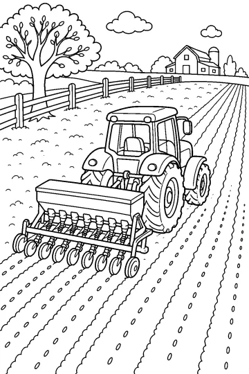 Trator com cabine puxando uma semeadora e criando fileiras paralelas em um campo, com cerca, árvore e fazenda ao fundo.