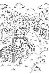Trattore con rimorchio di mele nel frutteto disegno da colorare PDF gratis
