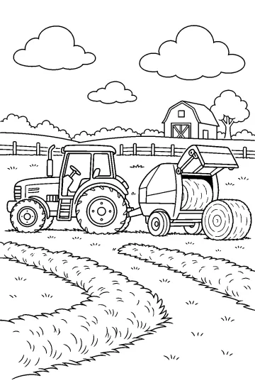 Trator com enfardadeira aberta e fardo de feno num campo, com celeiro, postes de cerca e nuvens ao fundo.
