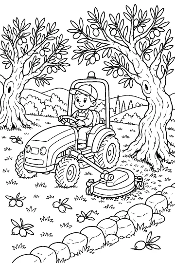 Child driving a tractor with a mower in an olive grove with olive trees, olives, and hills