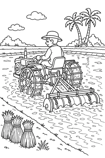Tractor con ruedas de jaula trabajando en un arrozal con agua, palmeras y manojos de plantas de arroz.