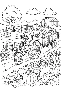 Trattore con rimorchio di zucche disegno da colorare PDF gratis