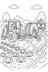 Trattore con avvolgitubo per irrigazione disegno da colorare PDF gratis