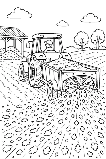 Tractor que remolca un esparcidor lleno de compost y lo reparte sobre un campo junto a una granja.